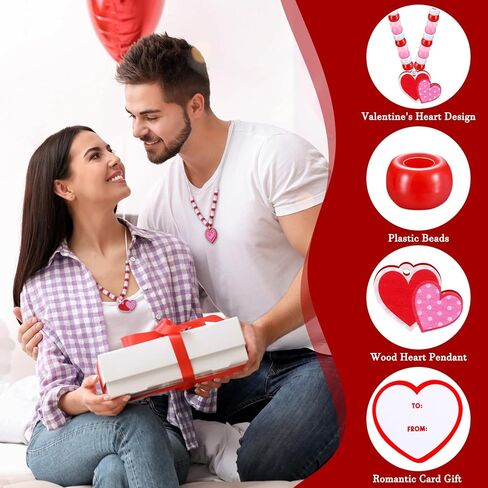 Ecally 24 Sets Valentine's Day Bead Necklaces Craft Gifts with Greeting Cards DIY Bead Craft Kit Red Pink Heart for Valentine Wedding Jewelry Gifts Making Party Favors in Saudi Arabia