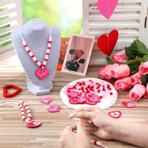 Ecally 24 Sets Valentine's Day Bead Necklaces Craft Gifts with Greeting Cards DIY Bead Craft Kit Red Pink Heart for Valentine Wedding Jewelry Gifts Making Party Favors in Saudi Arabia