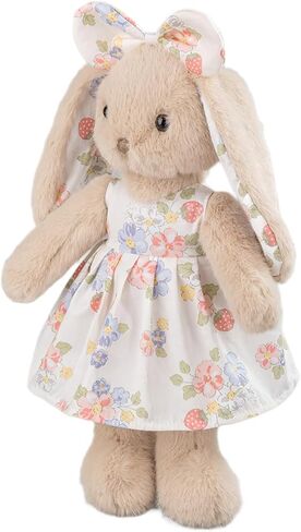 14" Plush Bunny Stuffed Animal, Beige Rabbit with Floral Strawberry Dress & Bow, Soft Easter Bunny Gift for Girls, Cottagecore Nursery Decor, Vintage Style Toy in Saudi Arabia