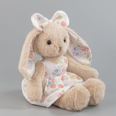 14" Plush Bunny Stuffed Animal, Beige Rabbit with Floral Strawberry Dress & Bow, Soft Easter Bunny Gift for Girls, Cottagecore Nursery Decor, Vintage Style Toy in Saudi Arabia