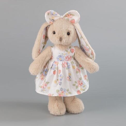 14" Plush Bunny Stuffed Animal, Beige Rabbit with Floral Strawberry Dress & Bow, Soft Easter Bunny Gift for Girls, Cottagecore Nursery Decor, Vintage Style Toy in Saudi Arabia