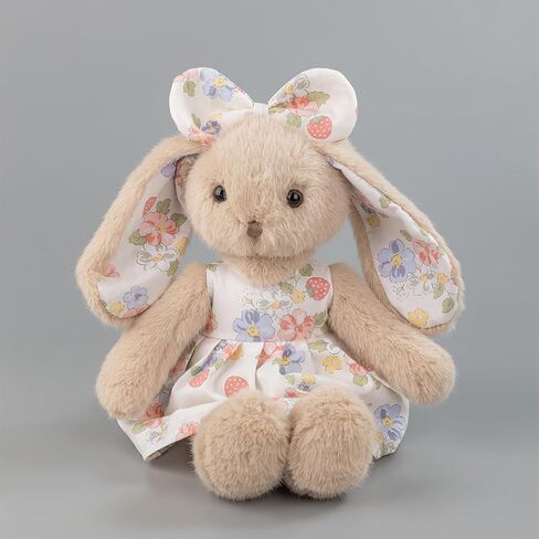 14" Plush Bunny Stuffed Animal, Beige Rabbit with Floral Strawberry Dress & Bow, Soft Easter Bunny Gift for Girls, Cottagecore Nursery Decor, Vintage Style Toy in Saudi Arabia