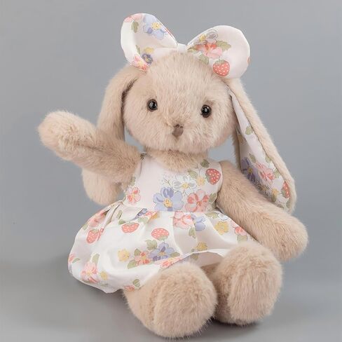 14" Plush Bunny Stuffed Animal, Beige Rabbit with Floral Strawberry Dress & Bow, Soft Easter Bunny Gift for Girls, Cottagecore Nursery Decor, Vintage Style Toy in Saudi Arabia