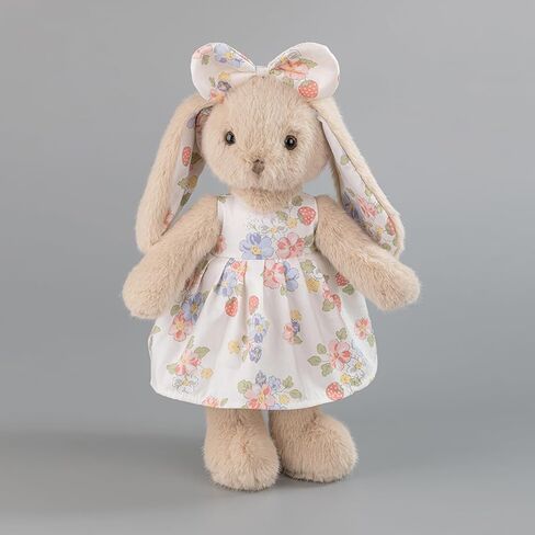 14" Plush Bunny Stuffed Animal, Beige Rabbit with Floral Strawberry Dress & Bow, Soft Easter Bunny Gift for Girls, Cottagecore Nursery Decor, Vintage Style Toy in Saudi Arabia