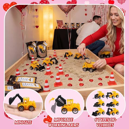 Jenaai 12 Set Valentine's Day Construction Vehicles Sand Gifts with Greeting Cards Bulk Small Construction Cars Truck Tractor Party Favors for Valentines Exchange Gifts Party Favors Prizes in Saudi Arabia