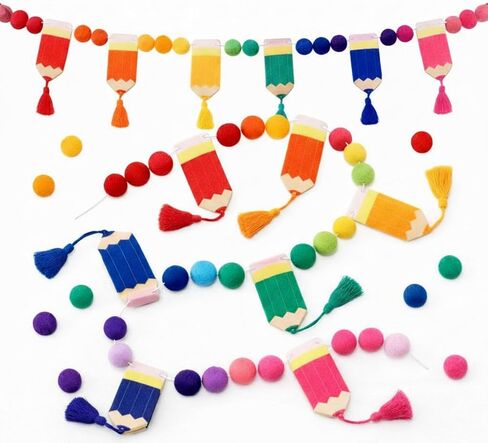 VitalCozy 8.2ft First Day of School Decorations, Back to School Decorations, Felt Pom Banner Rainbow Pencil Garland with Tassel, Welcome Garland for Classroom, Mantle, Wall, Party Supplies in Saudi Arabia