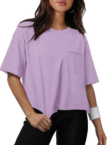 ATHMILE Womens Oversized T-Shirts Short Sleeve Workout Crop Tops Casual Drop Shoulder Boxy Roll Hem Basic Loose Tees in Saudi Arabia