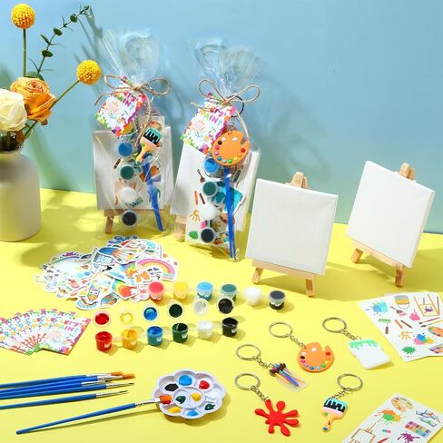 HyDren 158 Pcs Paint Party Favors Bulk 4 x 4 Inch Canvas Easel and Watercolor Paint Set Palette Brush Stickers Tattoo Sticker Keychains for Art Party Gifts in Saudi Arabia