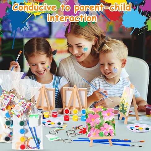HyDren 158 Pcs Paint Party Favors Bulk 4 x 4 Inch Canvas Easel and Watercolor Paint Set Palette Brush Stickers Tattoo Sticker Keychains for Art Party Gifts in Saudi Arabia