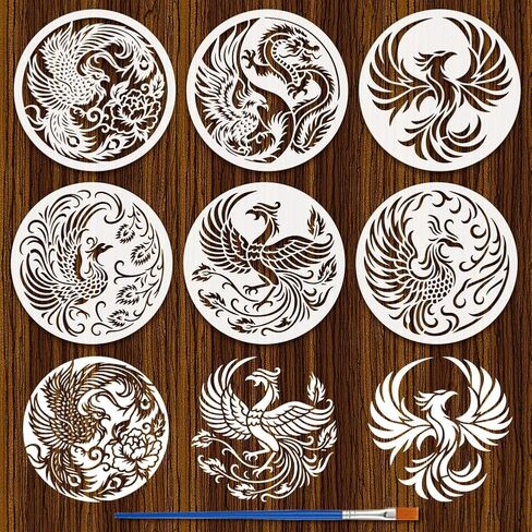 FINGERINSPIRE 6PCS Phoenix Stencils with Brush 7.9x7.9inch Round Chinese Dragon Phoenix Pattern Stencil Firebird Template Animals Theme Template for Drawing DIY Furniture Wall Floor Fabric Decoration in Saudi Arabia