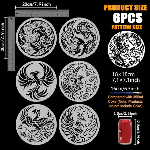 FINGERINSPIRE 6PCS Phoenix Stencils with Brush 7.9x7.9inch Round Chinese Dragon Phoenix Pattern Stencil Firebird Template Animals Theme Template for Drawing DIY Furniture Wall Floor Fabric Decoration in Saudi Arabia