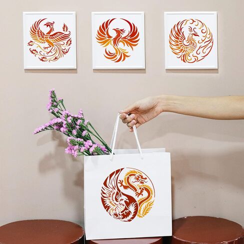 FINGERINSPIRE 6PCS Phoenix Stencils with Brush 7.9x7.9inch Round Chinese Dragon Phoenix Pattern Stencil Firebird Template Animals Theme Template for Drawing DIY Furniture Wall Floor Fabric Decoration in Saudi Arabia
