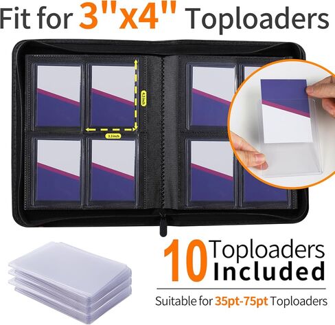 Toploader Binder 4 Pocket, Top Loader Binder for High-Value Trading Cards - Holds 96 Cards in 3" x 4" Top Loaders, Includes 10 Toploaders, Collectible Card Album for TCG, Sports Card, Black in Saudi Arabia