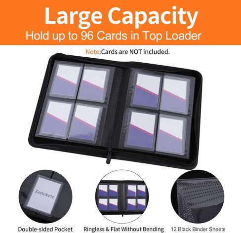 Toploader Binder 4 Pocket, Top Loader Binder for High-Value Trading Cards - Holds 96 Cards in 3" x 4" Top Loaders, Includes 10 Toploaders, Collectible Card Album for TCG, Sports Card, Black in Saudi Arabia