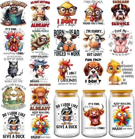 Funny UV DTF Stickers - 20 Sheets Stay Trashy Fun Animal UV DTF Cup Wraps for 16 oz Glass Water Bottle, Cute Highland Cow Chicken Dog Sublimation Transfer Sticker Decal DIY Coffee Mug Craft Decoration in Saudi Arabia