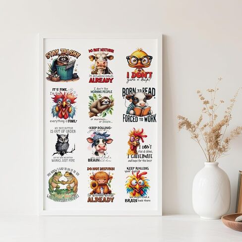 Funny UV DTF Stickers - 20 Sheets Stay Trashy Fun Animal UV DTF Cup Wraps for 16 oz Glass Water Bottle, Cute Highland Cow Chicken Dog Sublimation Transfer Sticker Decal DIY Coffee Mug Craft Decoration in Saudi Arabia