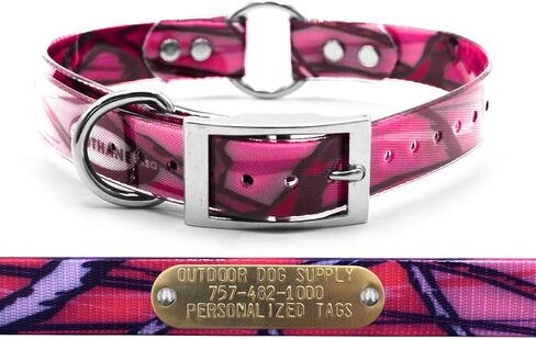 1" Pink Camo D-Ring & Center O-Ring Dog Collar with Custom 3/4" Brass Nameplate | Durable, Odor-Resistant, Adjustable for Medium & Large Dogs, USA-Made (21") in Kuwait