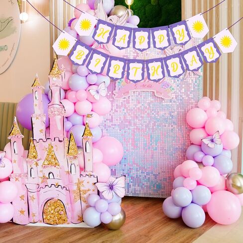 Purple Sun Birthday Flag Banner Decorations for Girls Pre-strung Purple Sun Themed Happy Birthday Flags Sign for Cartoon Princess Backdrop Party Supplies Favors in Saudi Arabia