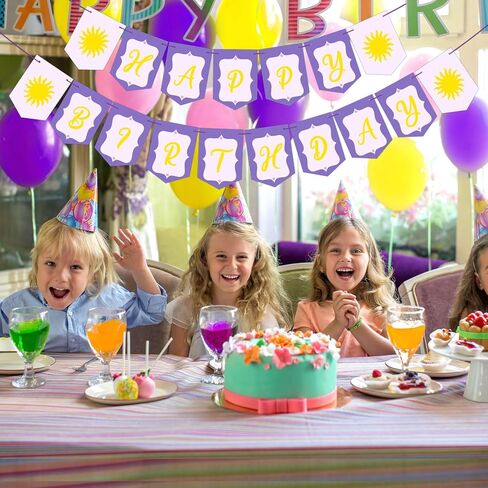 Purple Sun Birthday Flag Banner Decorations for Girls Pre-strung Purple Sun Themed Happy Birthday Flags Sign for Cartoon Princess Backdrop Party Supplies Favors in Saudi Arabia