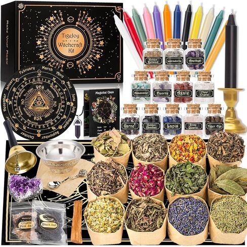 Witchcraft Supplies Witch Stuff Spell Kit 60PCS, Wiccan Supplies and Tools, Include Herb Crystal Candle Amethyst Altar Bowl Witch Bell, Witch Gift Wiccan Starter Kit Altar Supplies Pagan Decor in Saudi Arabia