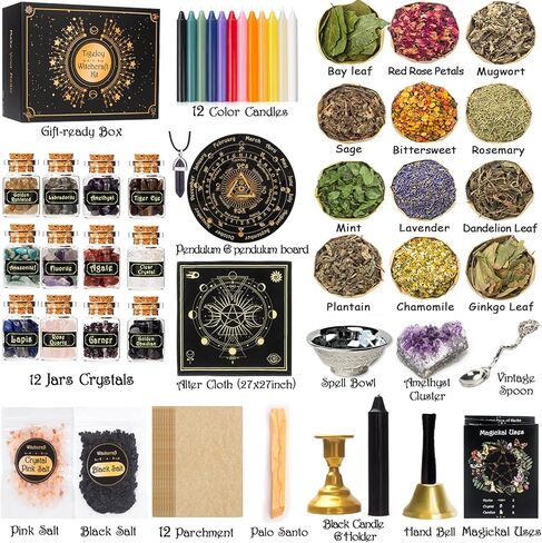 Witchcraft Supplies Witch Stuff Spell Kit 60PCS, Wiccan Supplies and Tools, Include Herb Crystal Candle Amethyst Altar Bowl Witch Bell, Witch Gift Wiccan Starter Kit Altar Supplies Pagan Decor in Saudi Arabia