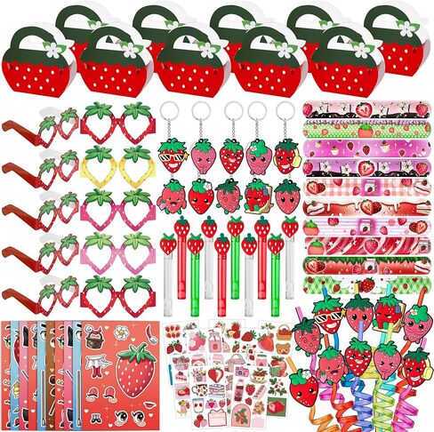 WHALEISLAND Strawberry Party Favor Sweet Berry gift bag Stickers Stampers Keychain Paper Straws Gift Rewards for Kids Girls Birthday Supplies in Saudi Arabia