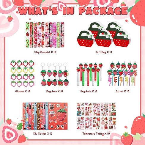 WHALEISLAND Strawberry Party Favor Sweet Berry gift bag Stickers Stampers Keychain Paper Straws Gift Rewards for Kids Girls Birthday Supplies in Saudi Arabia