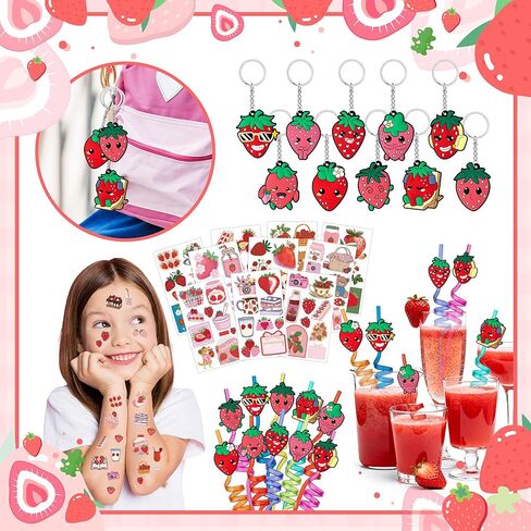 WHALEISLAND Strawberry Party Favor Sweet Berry gift bag Stickers Stampers Keychain Paper Straws Gift Rewards for Kids Girls Birthday Supplies in Saudi Arabia