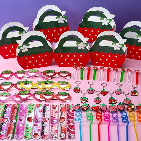 WHALEISLAND Strawberry Party Favor Sweet Berry gift bag Stickers Stampers Keychain Paper Straws Gift Rewards for Kids Girls Birthday Supplies in Saudi Arabia