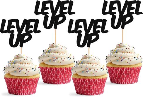 Level Up Cupcake Topper - 24 Pack Glitter Black Birthday Cake Decorations, Game Upgrade Cupcake Picks in Saudi Arabia
