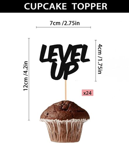 Level Up Cupcake Topper - 24 Pack Glitter Black Birthday Cake Decorations, Game Upgrade Cupcake Picks in Saudi Arabia