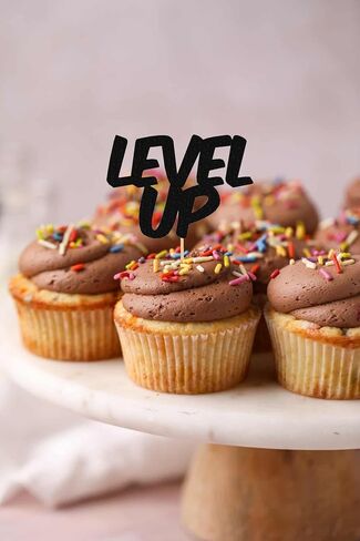 Level Up Cupcake Topper - 24 Pack Glitter Black Birthday Cake Decorations, Game Upgrade Cupcake Picks in Saudi Arabia