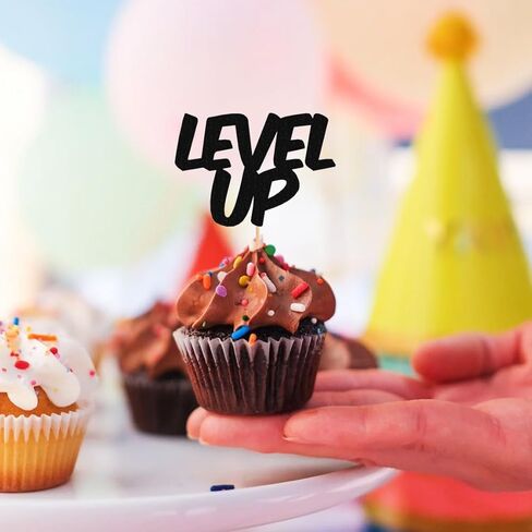 Level Up Cupcake Topper - 24 Pack Glitter Black Birthday Cake Decorations, Game Upgrade Cupcake Picks in Saudi Arabia