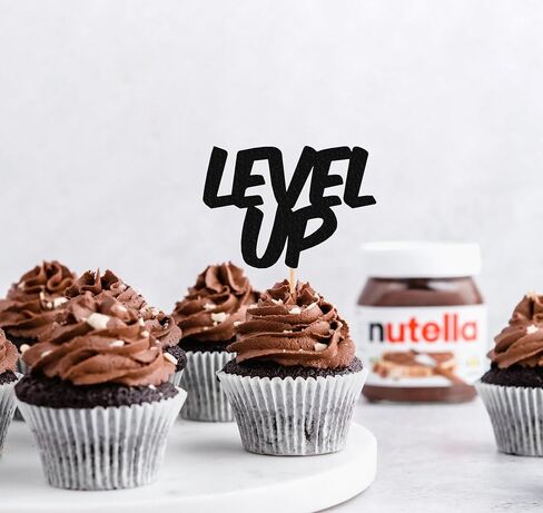 Level Up Cupcake Topper - 24 Pack Glitter Black Birthday Cake Decorations, Game Upgrade Cupcake Picks in Saudi Arabia