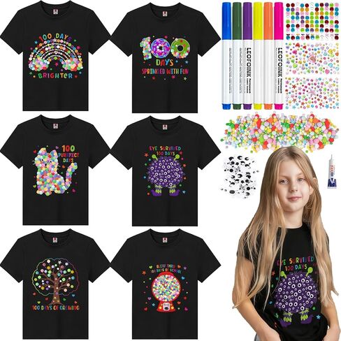 Cinrobiye 6 Set 100 Days of School DIY Shirt Kit 100th Day of Craft DIY T Shirt with Pom Poms Balls for Girls and Boys School Classroom Party Art Creative Costume (White5-7) in Saudi Arabia