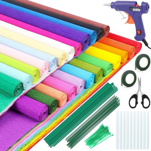 12-Color Crepe Paper Set 16.5×98 inches, Crepe Paper Rolls with Glue Gun, Scissors, Wire, and Gardening Tape, Suitable for Handmade Paper Flowers, DIY Projects, Party Decorations, etc in Kuwait