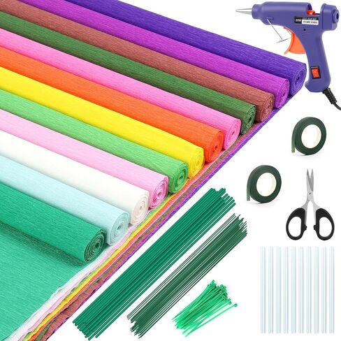 12-Color Crepe Paper Set 16.5×98 inches, Crepe Paper Rolls with Glue Gun, Scissors, Wire, and Gardening Tape, Suitable for Handmade Paper Flowers, DIY Projects, Party Decorations, etc in Saudi Arabia