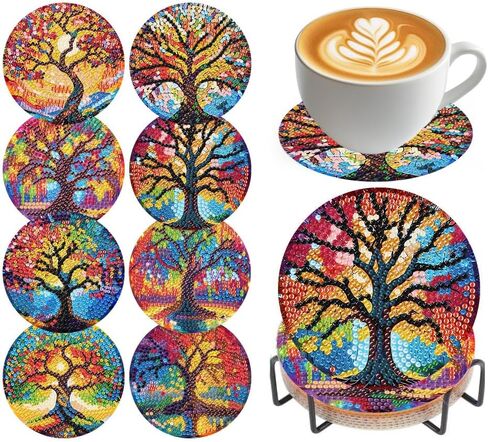 مجموعات قواعد الأكواب الفنية الماسية، 8 قطع من قواعد الأكواب الماسية مع حامل، مجموعات قواعد الأكواب الفنية الماسية لشجرة الحياة للبالغين، قاعدة خشبية خماسية الأبعاد DIY للهدايا in Kuwait