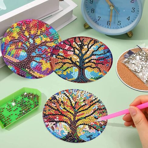 مجموعات قواعد الأكواب الفنية الماسية، 8 قطع من قواعد الأكواب الماسية مع حامل، مجموعات قواعد الأكواب الفنية الماسية لشجرة الحياة للبالغين، قاعدة خشبية خماسية الأبعاد DIY للهدايا in Kuwait