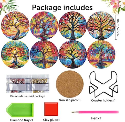 مجموعات قواعد الأكواب الفنية الماسية، 8 قطع من قواعد الأكواب الماسية مع حامل، مجموعات قواعد الأكواب الفنية الماسية لشجرة الحياة للبالغين، قاعدة خشبية خماسية الأبعاد DIY للهدايا in Kuwait