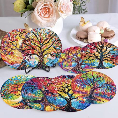 مجموعات قواعد الأكواب الفنية الماسية، 8 قطع من قواعد الأكواب الماسية مع حامل، مجموعات قواعد الأكواب الفنية الماسية لشجرة الحياة للبالغين، قاعدة خشبية خماسية الأبعاد DIY للهدايا in Kuwait