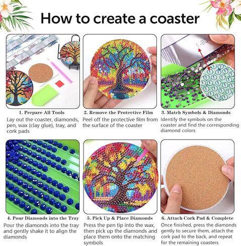 مجموعات قواعد الأكواب الفنية الماسية، 8 قطع من قواعد الأكواب الماسية مع حامل، مجموعات قواعد الأكواب الفنية الماسية لشجرة الحياة للبالغين، قاعدة خشبية خماسية الأبعاد DIY للهدايا in Kuwait