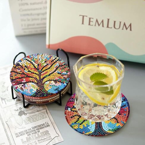 مجموعات قواعد الأكواب الفنية الماسية، 8 قطع من قواعد الأكواب الماسية مع حامل، مجموعات قواعد الأكواب الفنية الماسية لشجرة الحياة للبالغين، قاعدة خشبية خماسية الأبعاد DIY للهدايا in Kuwait