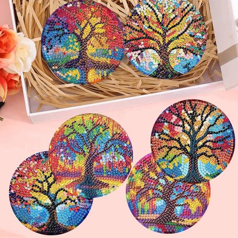 مجموعات قواعد الأكواب الفنية الماسية، 8 قطع من قواعد الأكواب الماسية مع حامل، مجموعات قواعد الأكواب الفنية الماسية لشجرة الحياة للبالغين، قاعدة خشبية خماسية الأبعاد DIY للهدايا in Kuwait