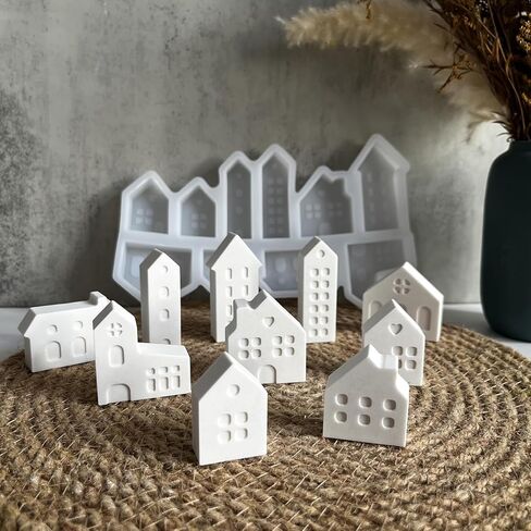 1set Mini House Silicone Mold 10-Connect Nordic Church and Castle Design Flexible Nonstick Mold for Gypsum Candle Epoxy Resin, tenhouses in Saudi Arabia