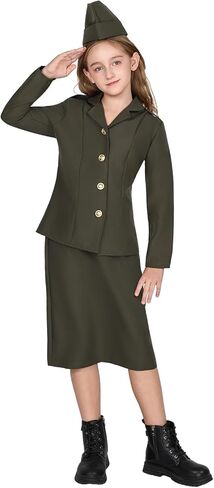 EraSpooky Girls WW2 Army Costume Kids 1940s Military Soldier Halloween Uniform with Jacket Skirt and Hat in Saudi Arabia