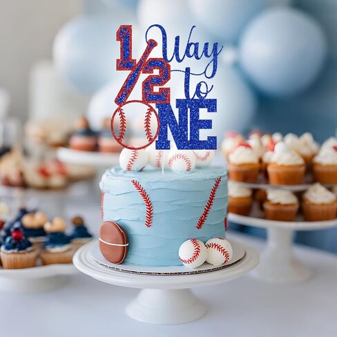 Baseball 1/2 Way to One Cake Topper, Boys Girls 6 Months Birthday Decorations, Baseball Sports Theme Half Birthday Baby Shower Party Decorations Glitter in Saudi Arabia