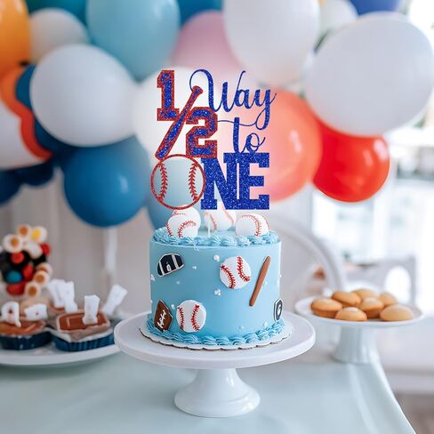 Baseball 1/2 Way to One Cake Topper, Boys Girls 6 Months Birthday Decorations, Baseball Sports Theme Half Birthday Baby Shower Party Decorations Glitter in Saudi Arabia