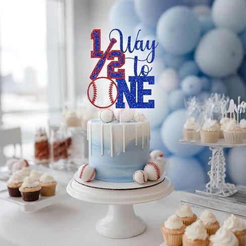 Baseball 1/2 Way to One Cake Topper, Boys Girls 6 Months Birthday Decorations, Baseball Sports Theme Half Birthday Baby Shower Party Decorations Glitter in Saudi Arabia