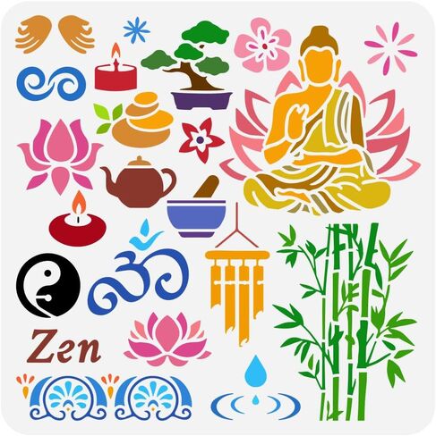 FINGERINSPIRE Zen Motifs Painting Stencil 11.8x11.8 بوصة بوذا استنسل لوتس استنسل شمعة استنسل الخيزران استنسل موضوع ديني استنسل حرفي للرسم على الحائط الخشب الأثاث DIY ديكور المنزل in Saudi Arabia
